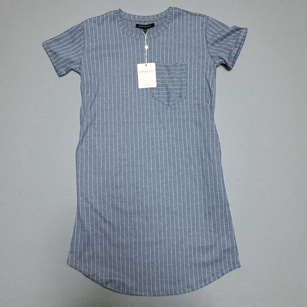 Downeast Wander Dress Blue Pinstripe Tie Waist Short Sleeve Size Small NWT